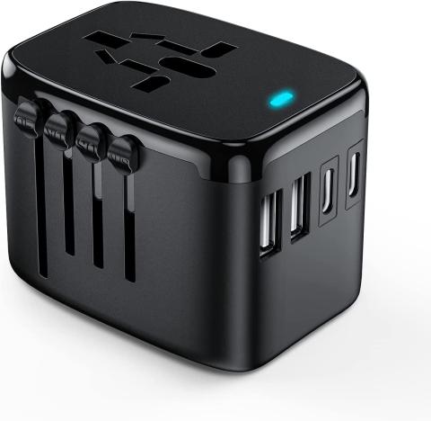 Adaptador Europeo de Viaje Internacional-Todo en uno Adaptador de Universal,Adaptador Enchufe con 4 Salidas+2 Tipo C+2 USB para el Reino Unido Estados Americano Australia Europa y Asia(200 países)