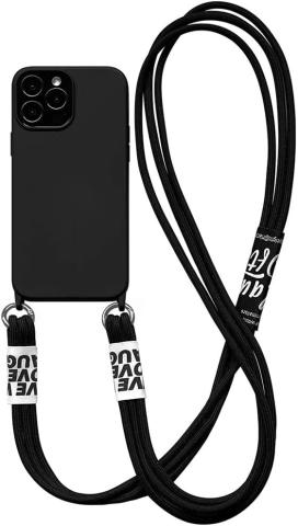 SINQERISHT CrossBody - Funda para teléfono compatible con Apple iPhone 12 Pro Max, delgada, flexible, de silicona líquida, forro de microfibra, con correa desmontable para el cuello, a prueba de golpes, a la moda (negro)